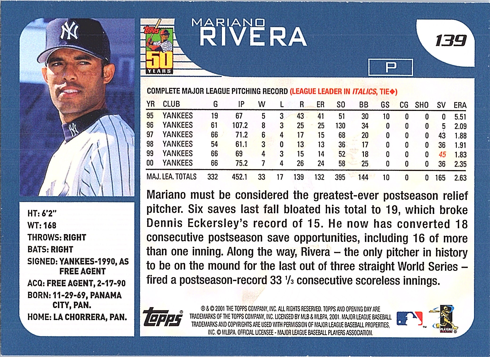 2001 Topps Mariano Rivera #560 Home Team Advantage New York Yankees Excellent