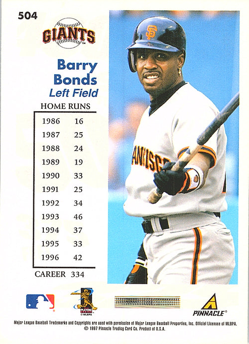 1997 Score Barry Bonds #504 San Francisco Giants Excellent