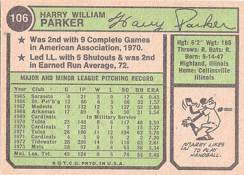 1974 Topps Harry Parker #106 New York Mets Excellent