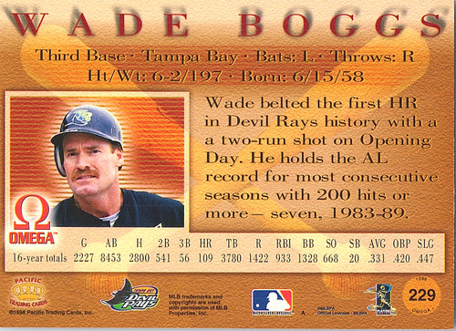 1998 Pacific Omega Wade Boggs #229 Tampa Bay Devil Rays Excellent