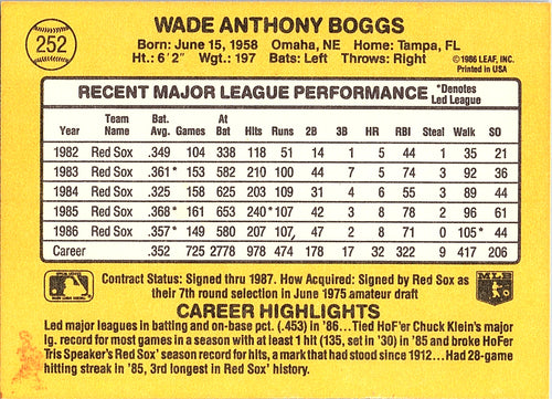1987 Donruss Wade Boggs #252 Boston Red Sox Excellent