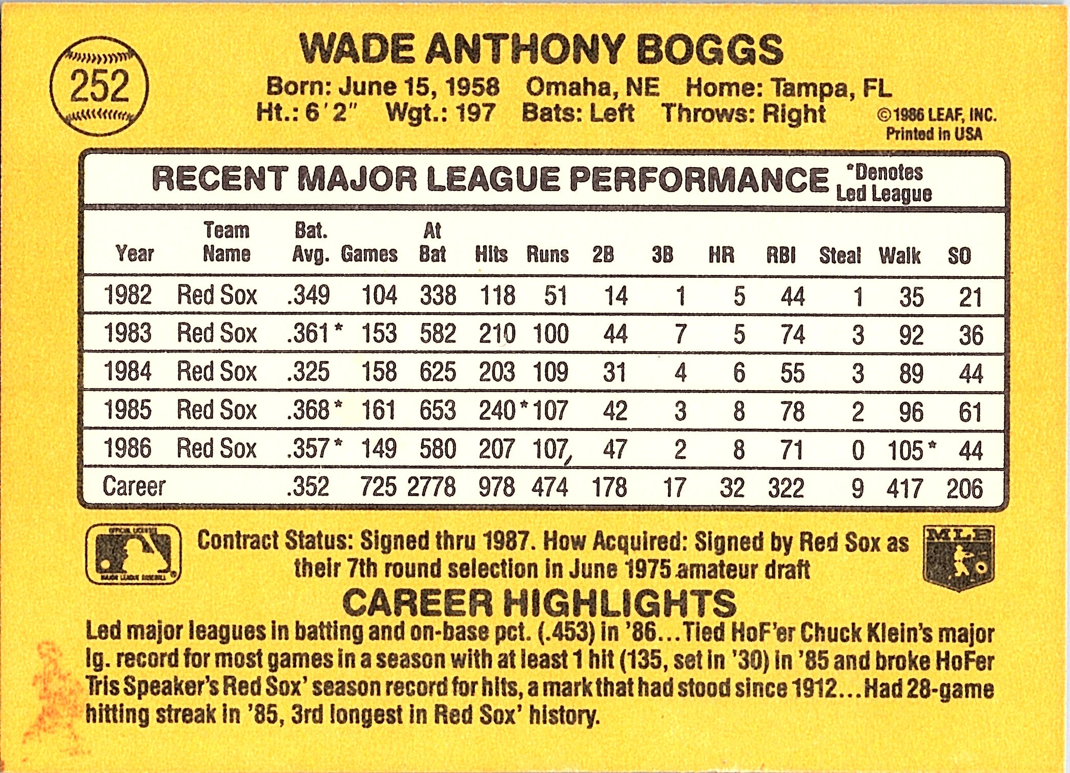 1987 Donruss Wade Boggs #252 Boston Red Sox Excellent