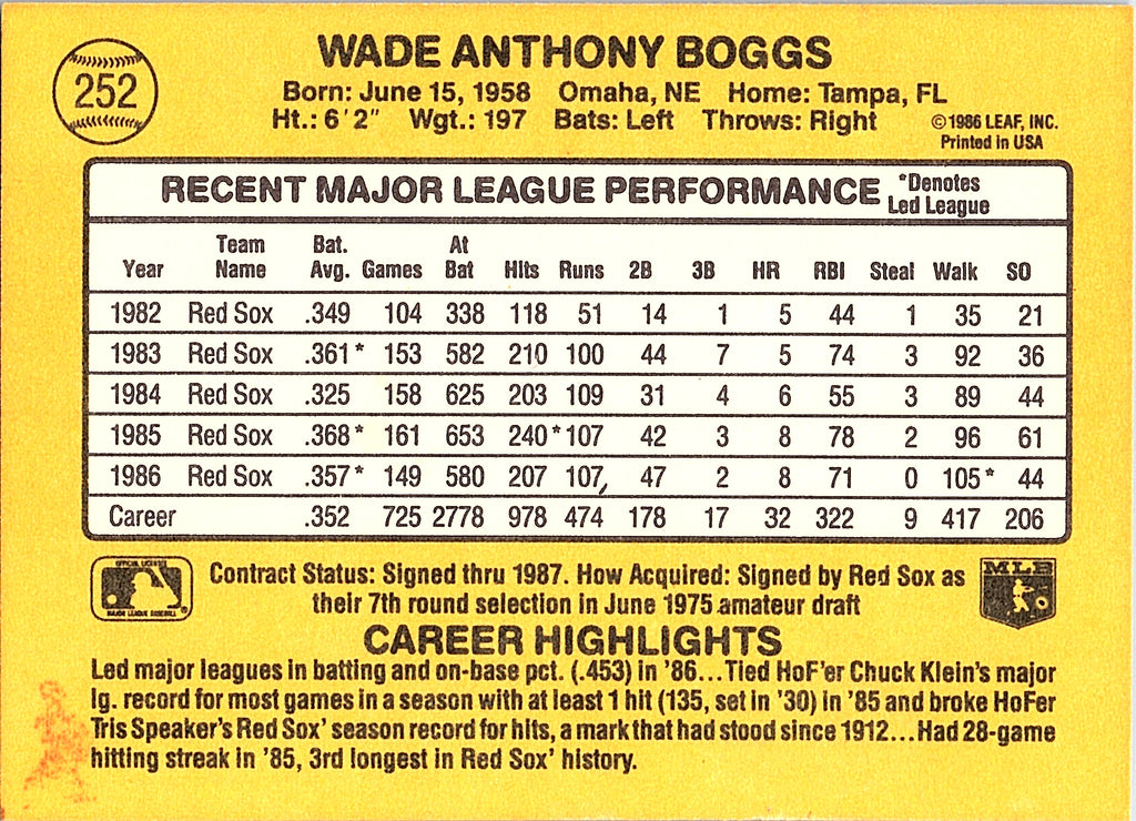 1987 Donruss Wade Boggs #252 Boston Red Sox Excellent