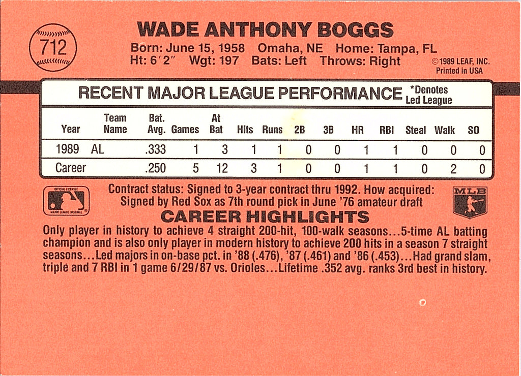 1990 Donruss Wade Boggs #712c Boston Red Sox Excellent