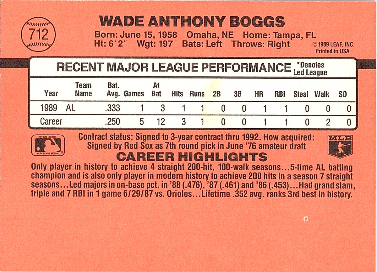 1990 Donruss Wade Boggs #712c Boston Red Sox Excellent