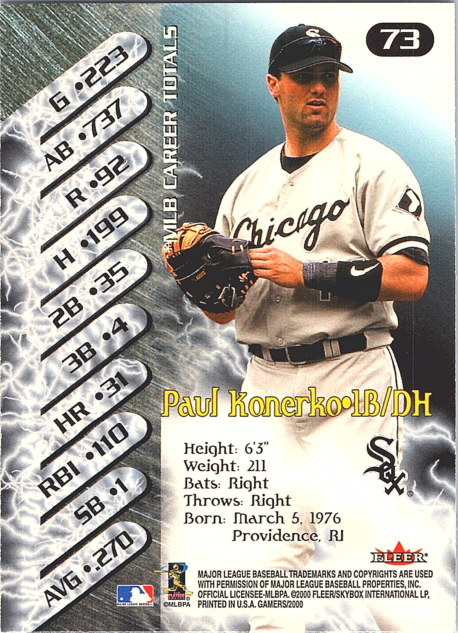 2000 Fleer Gamers Paul Konerko #73 Chicago White Sox Excellent