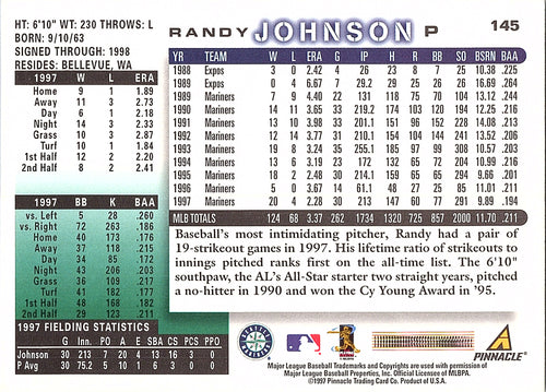 1998 Score Randy Johnson #145 Seattle Mariners Excellent