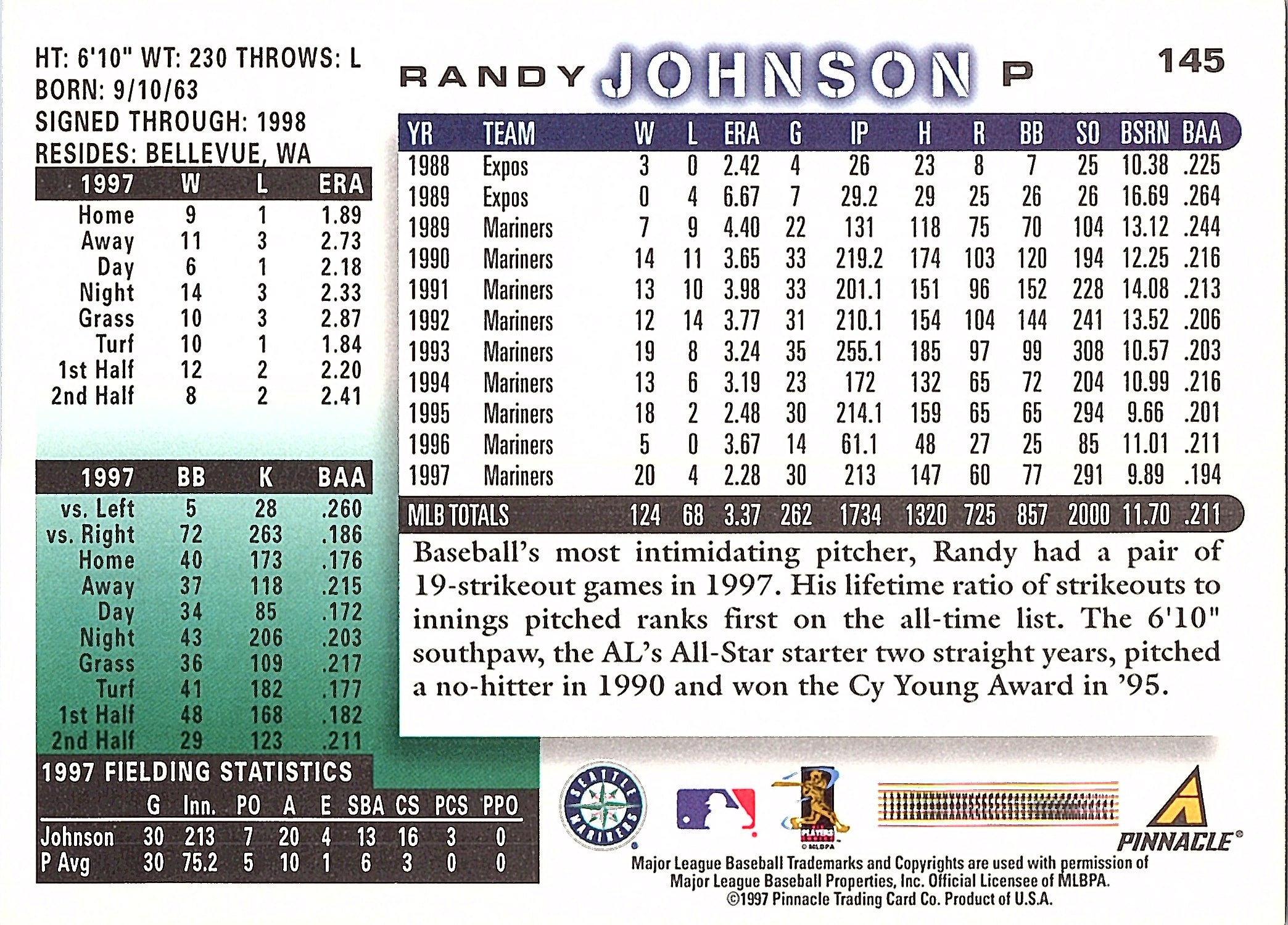 1998 Score Randy Johnson #145 Seattle Mariners Excellent