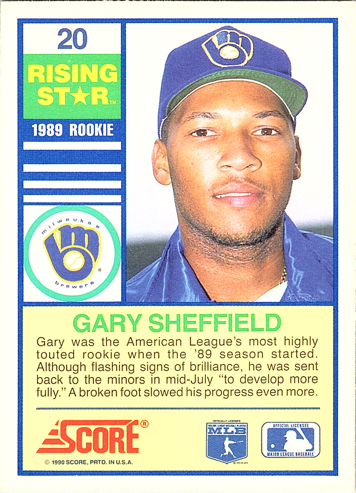 1990 Score 100 Rising Stars Gary Sheffield #20 Milwaukee Brewers Excellent