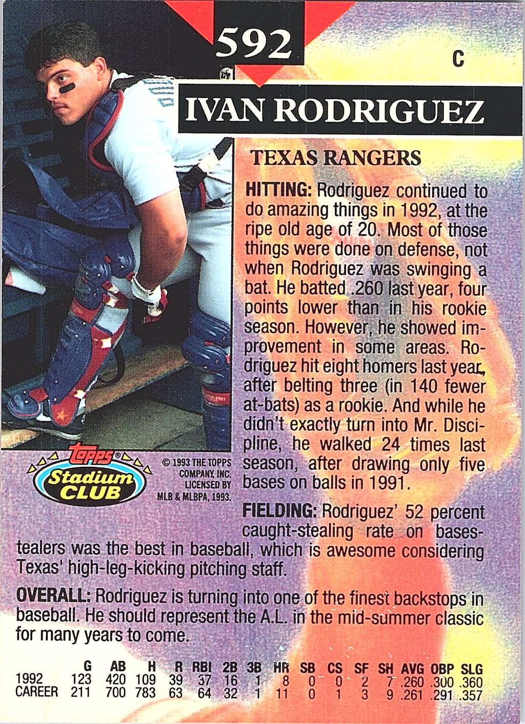 1993 Stadium Club Ivan Rodriguez #592 Texas Rangers Excellent