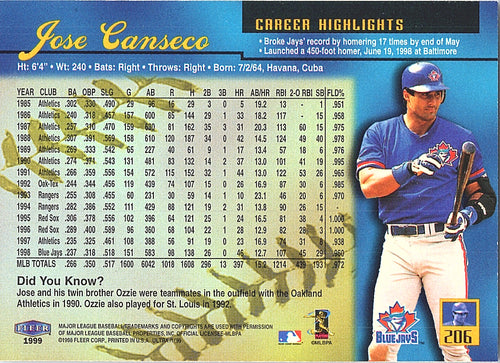 1999 Fleer Ultra Jose Canseco #206 Toronto Blue Jays Excellent
