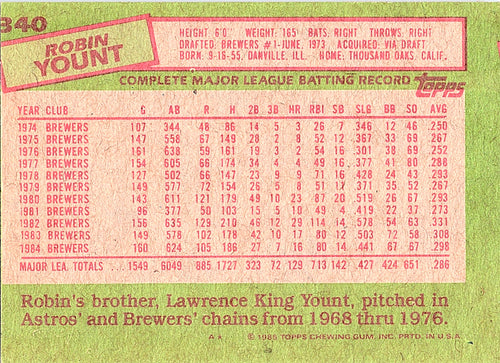 1985 Topps Robin Yount #340 Milwaukee Brewers Excellent