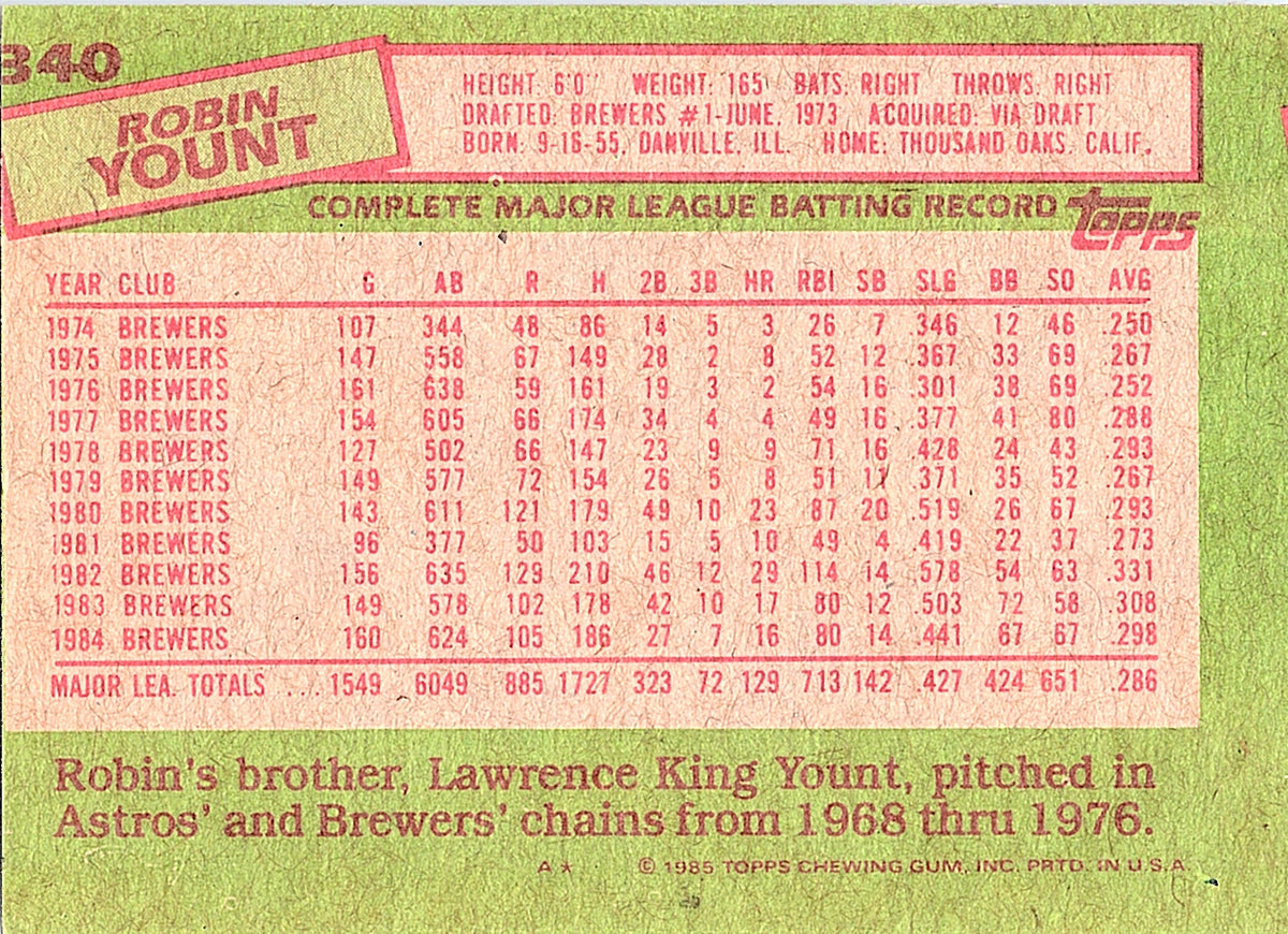 1985 Topps Robin Yount #340 Milwaukee Brewers Excellent