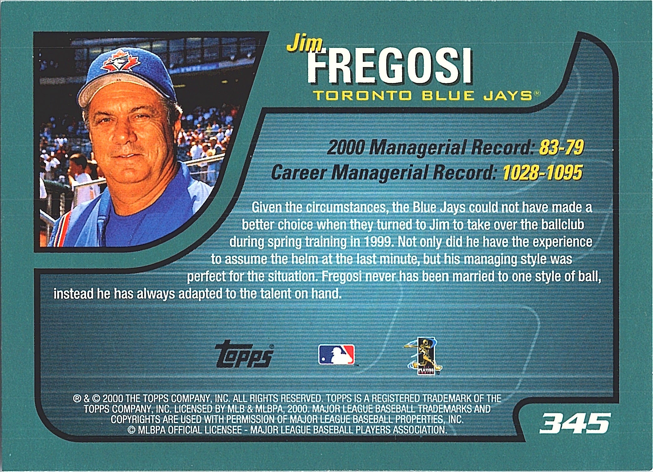 2001 Topps Jim Fregosi #345 Toronto Blue Jays Excellent