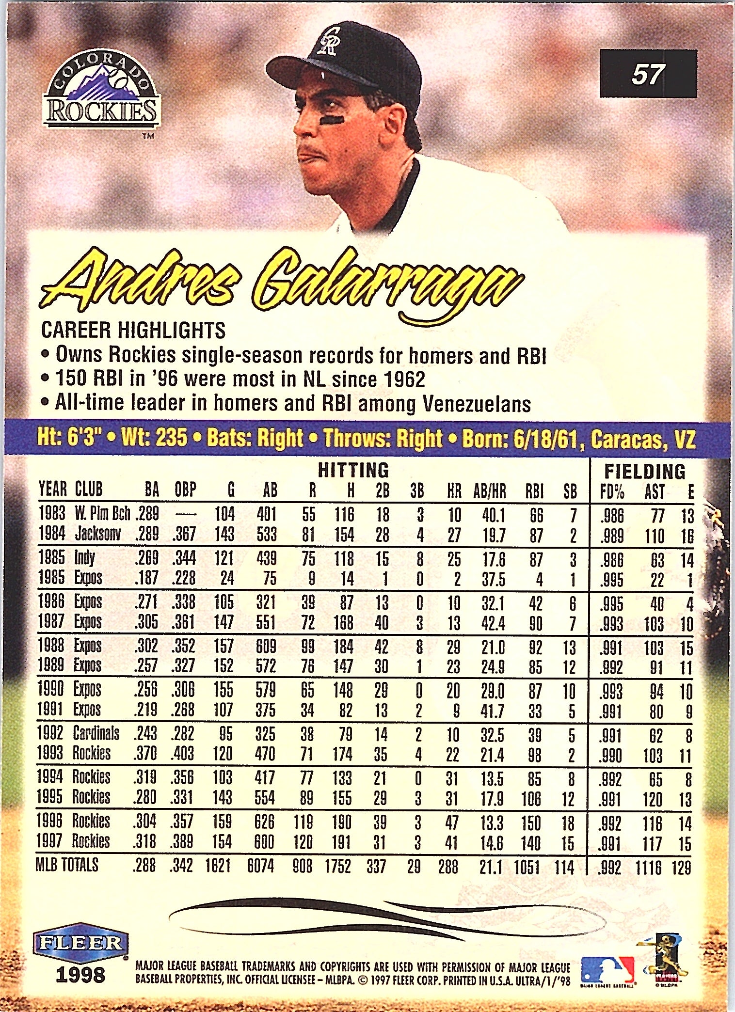 1998 Fleer Ultra Andres Galarraga #57 Colorado Rockies Excellent