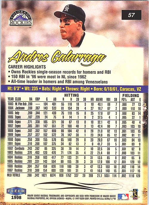 1998 Fleer Ultra Andres Galarraga #57 Colorado Rockies Excellent