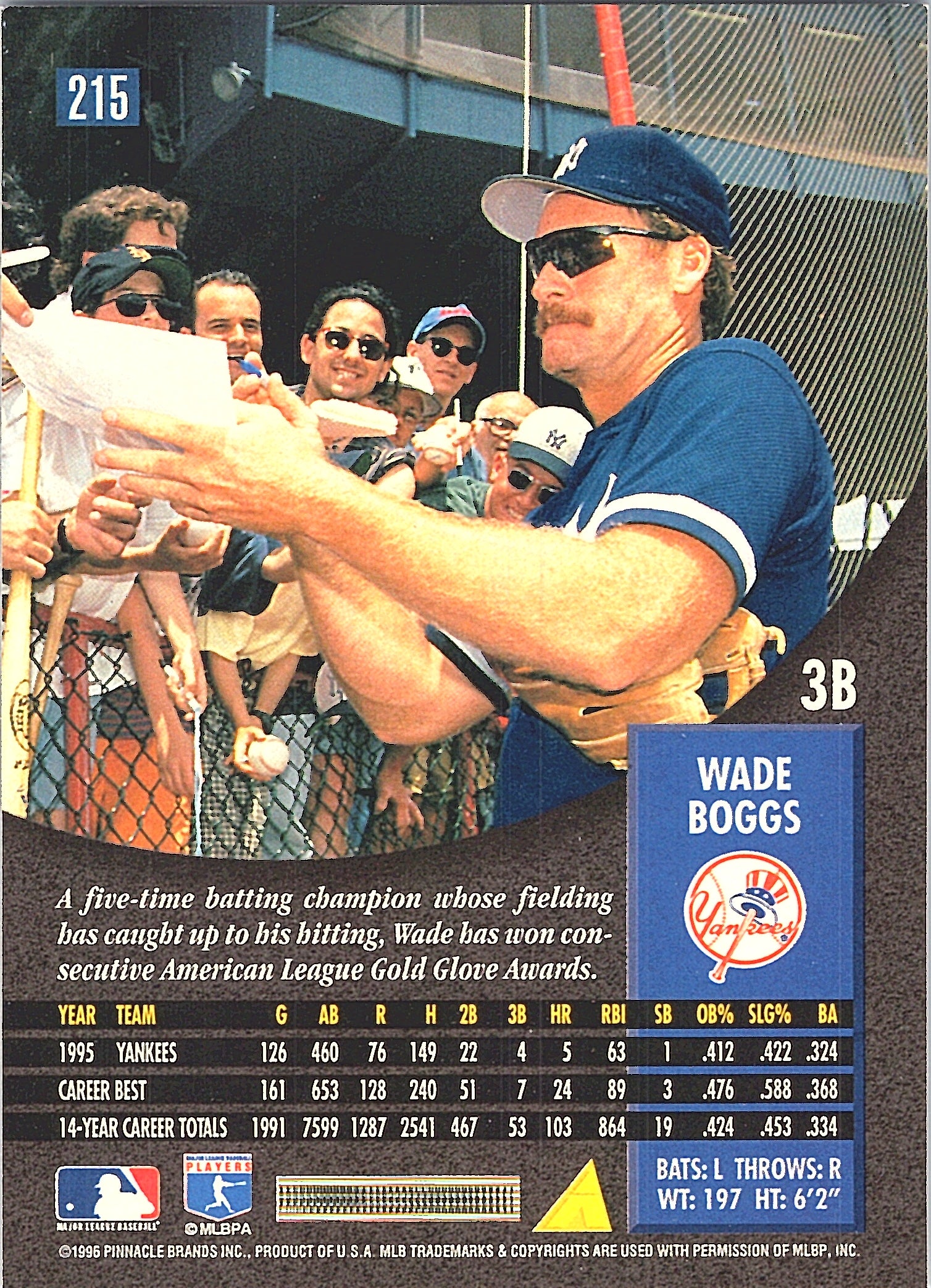 1996 Pinnacle Wade Boggs #215 New York Yankees Excellent
