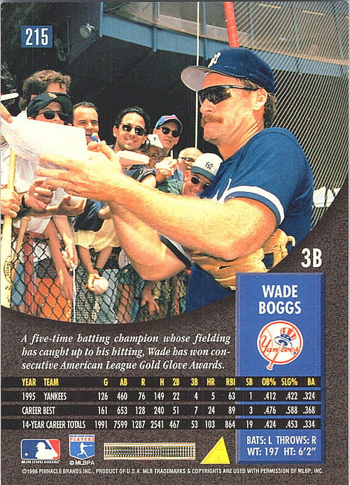 1996 Pinnacle Wade Boggs #215 New York Yankees Excellent