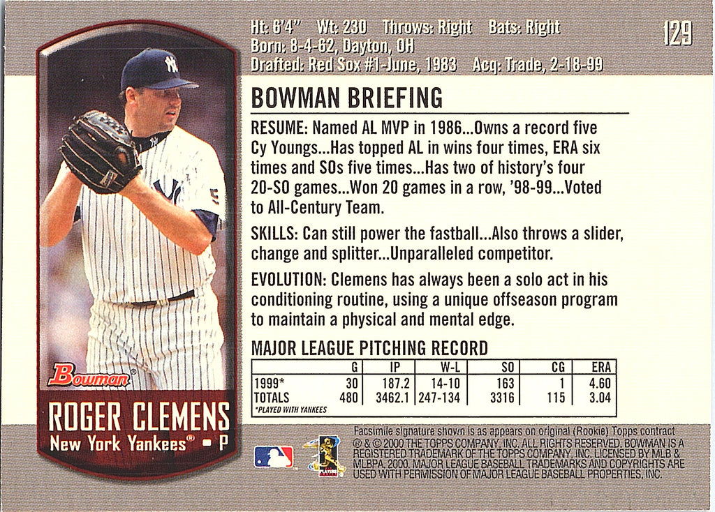 2000 Bowman Roger Clemens #129 New York Yankees Excellent