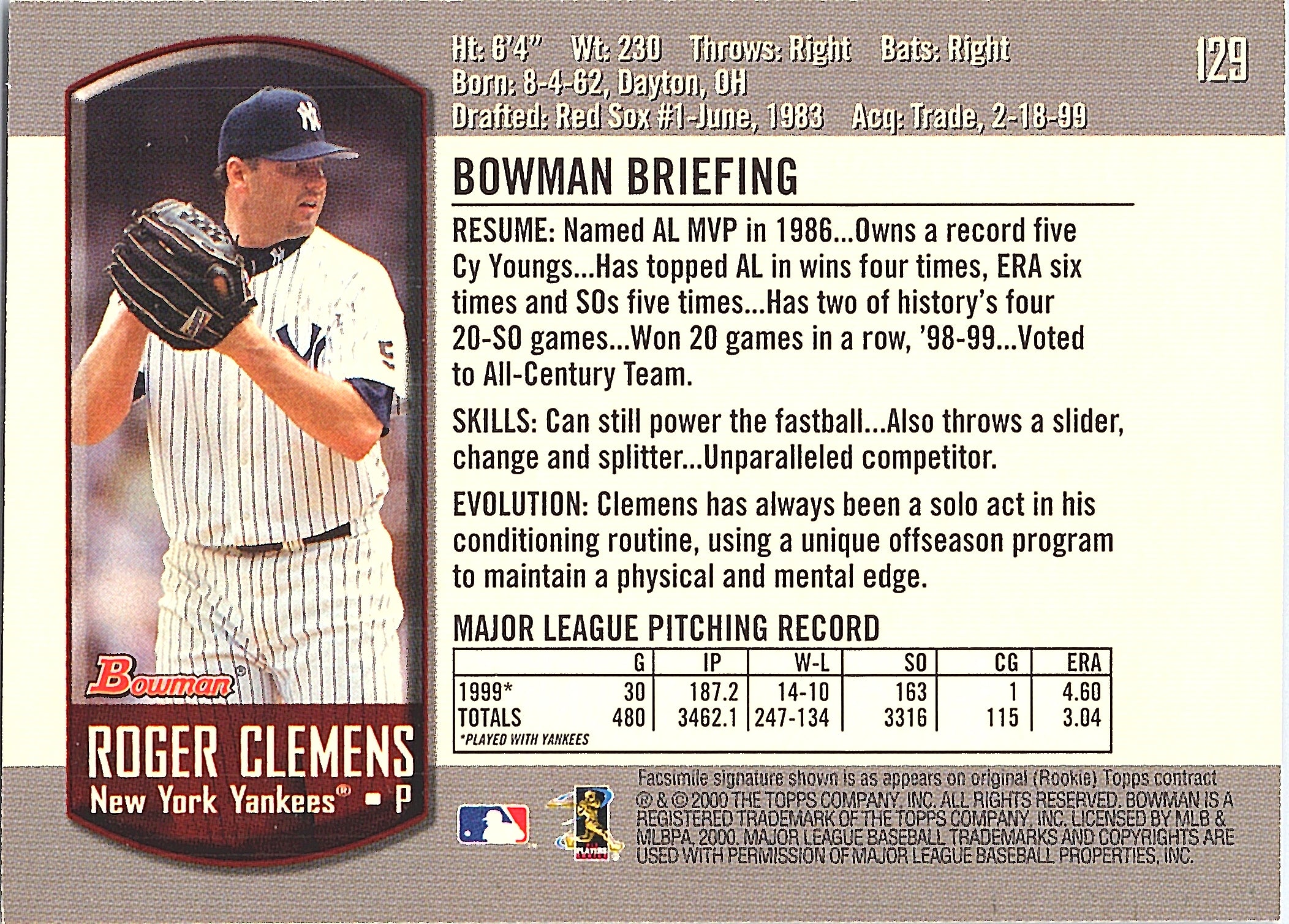 2000 Bowman Roger Clemens #129 New York Yankees Excellent