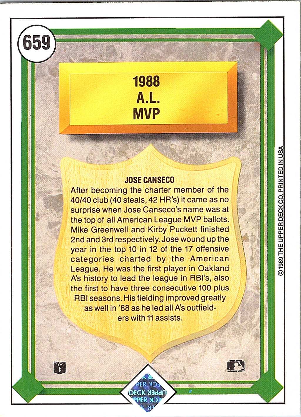 1989 Upper Deck Jose Canseco #659b Oakland Athletics Excellent
