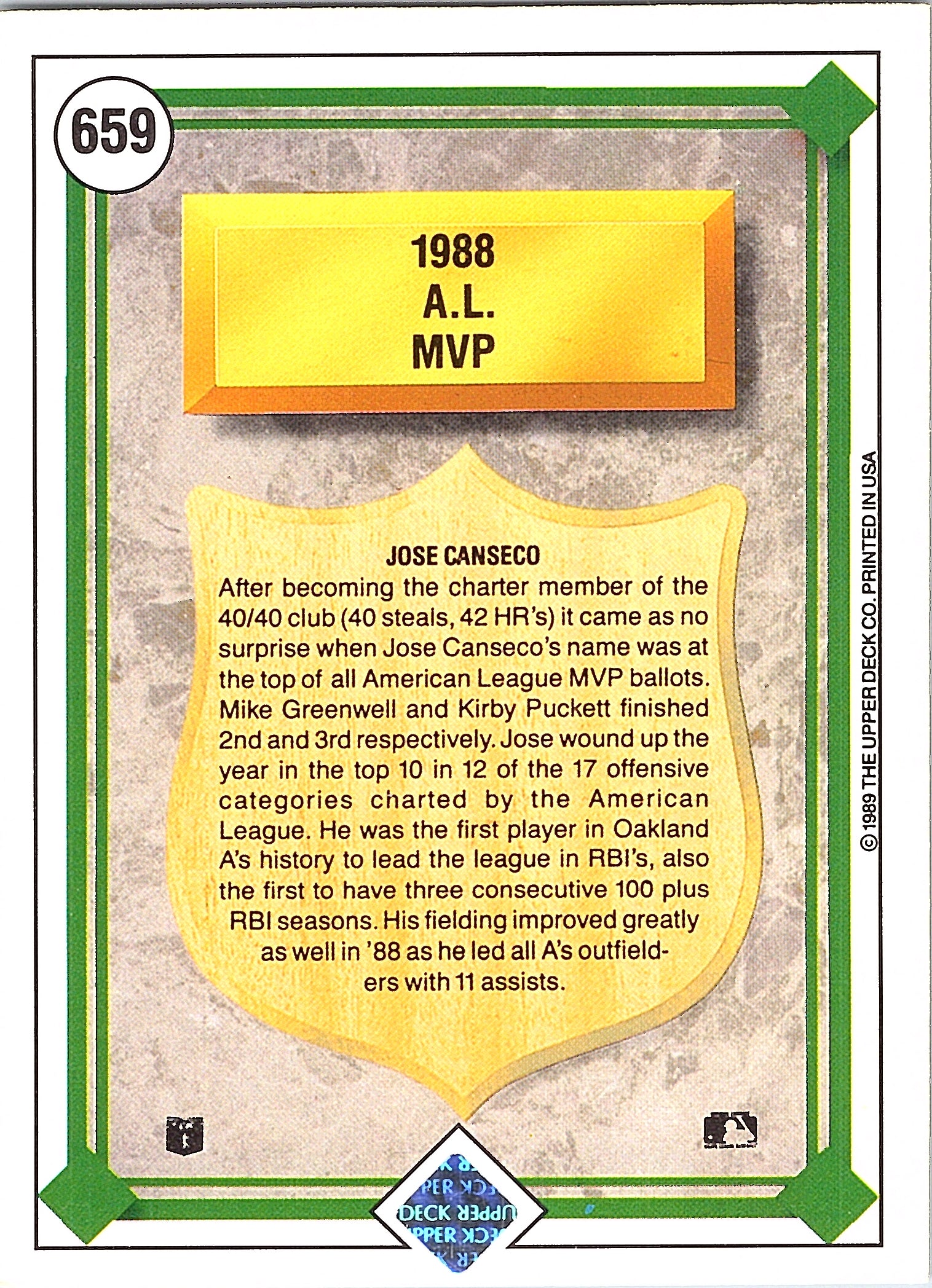1989 Upper Deck Jose Canseco #659b Oakland Athletics Excellent