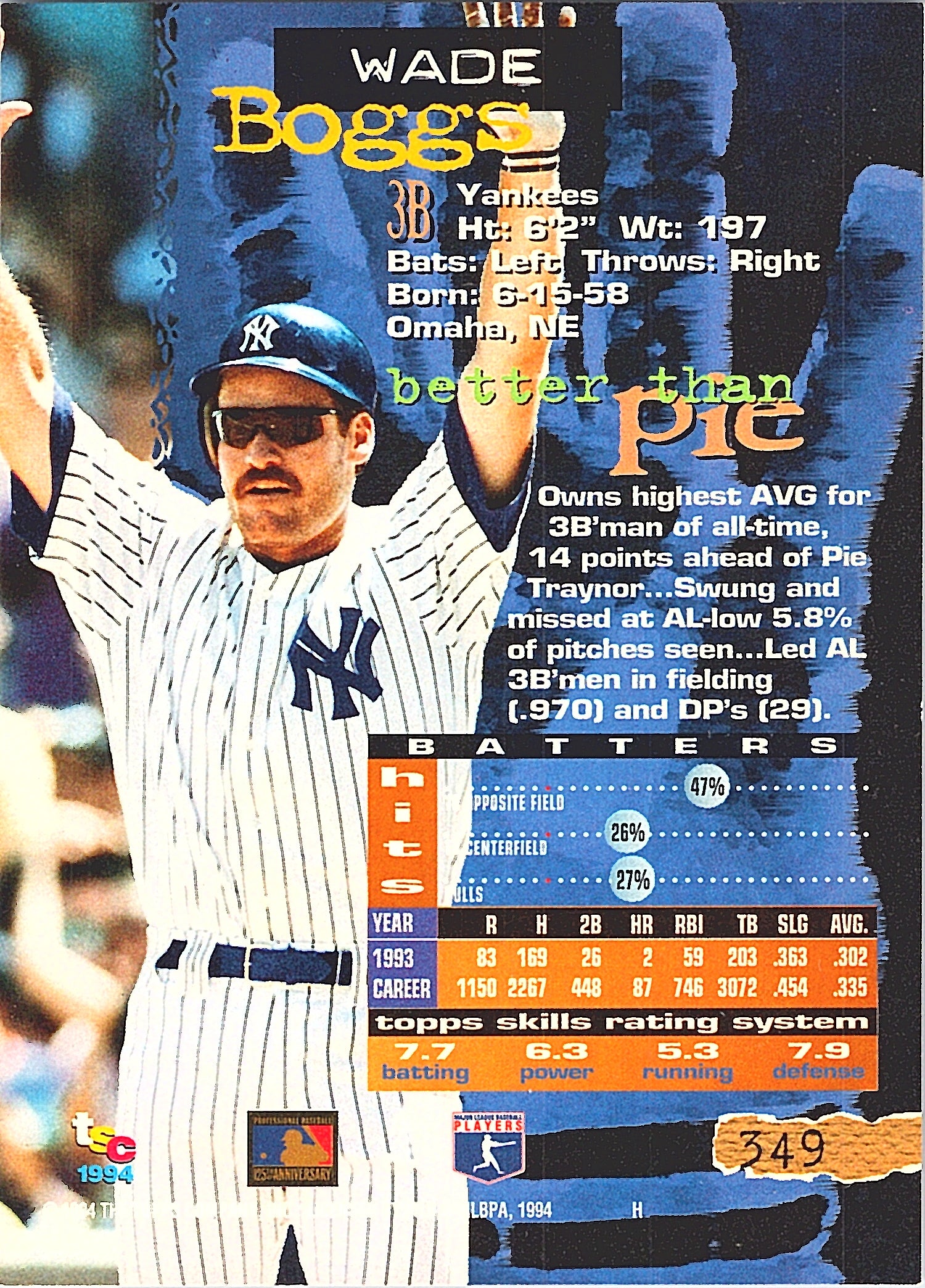 1994 Stadium Club Wade Boggs #349 New York Yankees Excellent