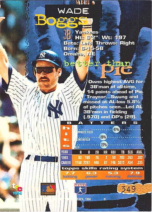 1994 Stadium Club Wade Boggs #349 New York Yankees Excellent