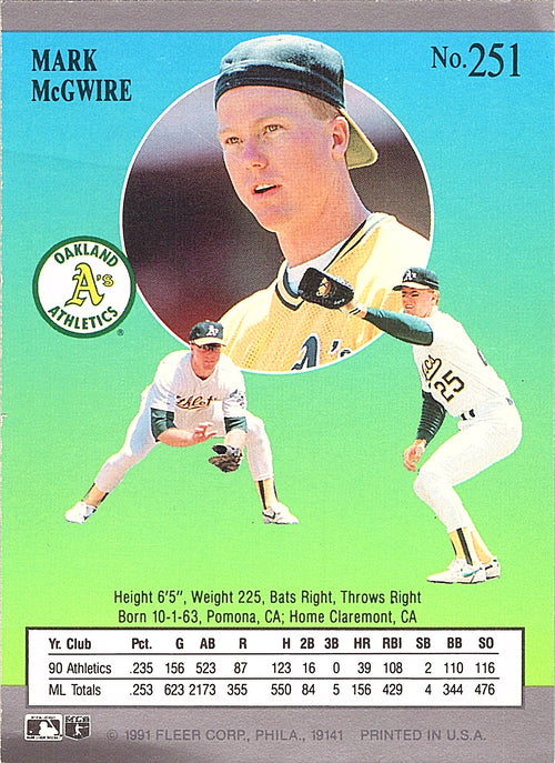 1991 Fleer Ultra Mark McGwire #251 Oakland Athletics Excellent