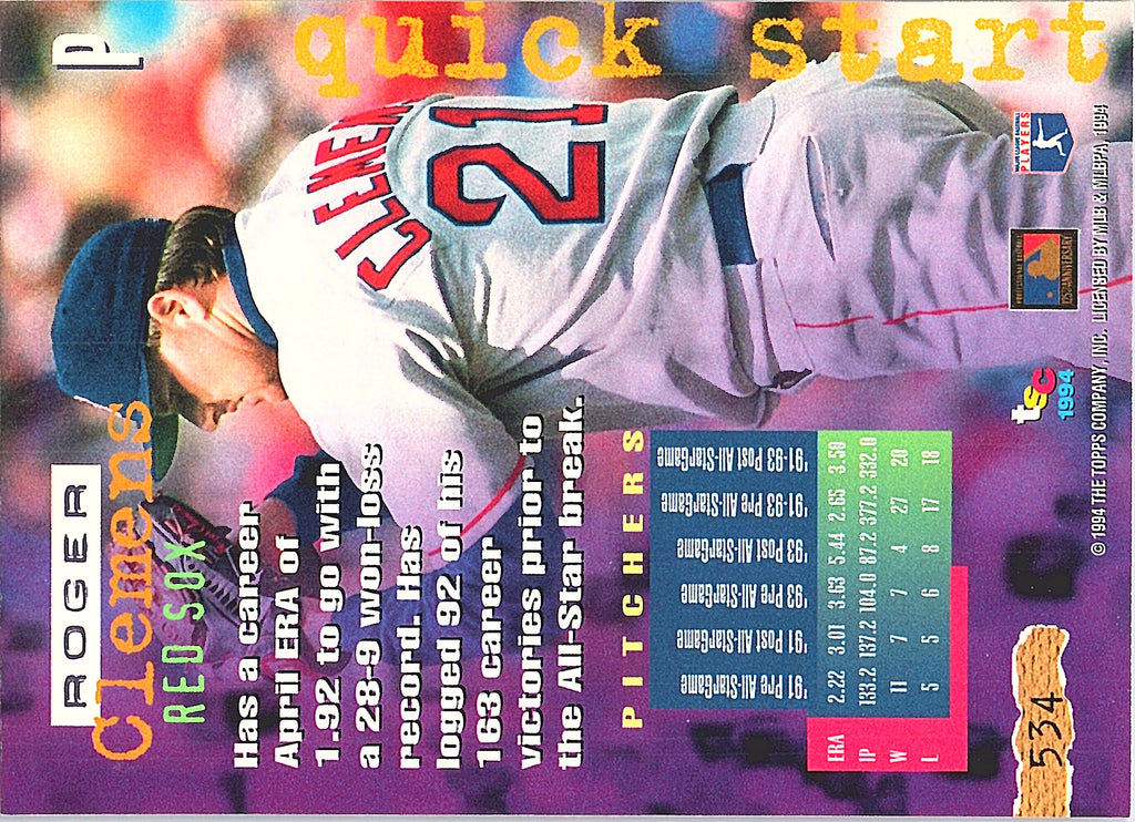 1994 Stadium Club Roger Clemens #534 Boston Red Sox Excellent