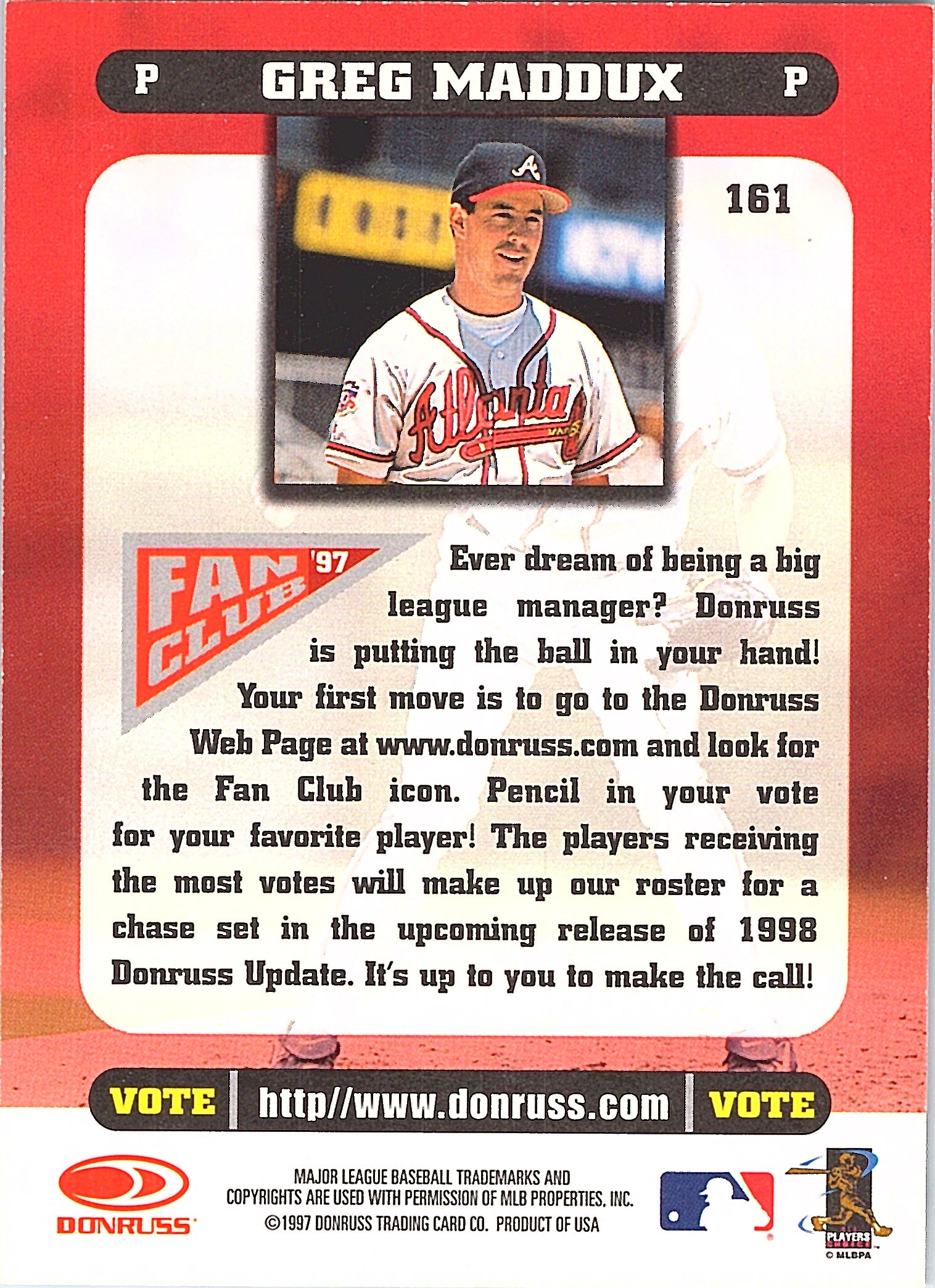 1998 Donruss Greg Maddux #161 Atlanta Braves Excellent
