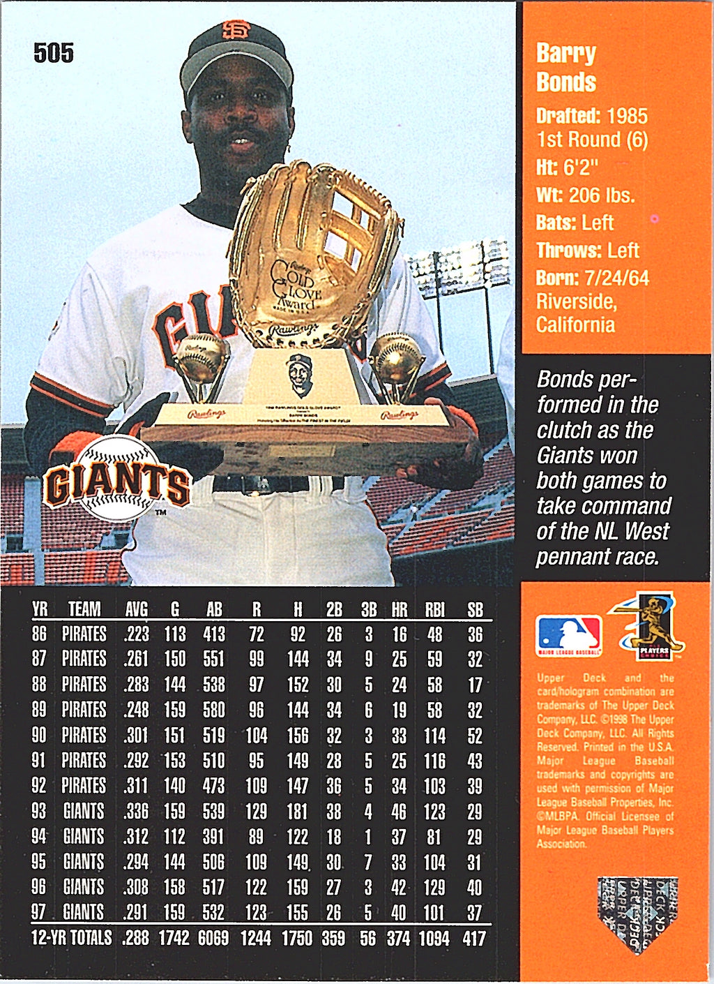1998 Upper Deck Barry Bonds #505 Series Two 5x7 San Francisco Giants Excellent