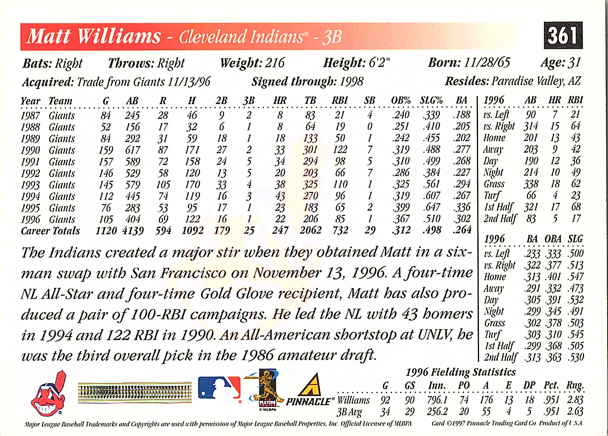 1997 Score Matt Williams #361 Cleveland Indians Excellent