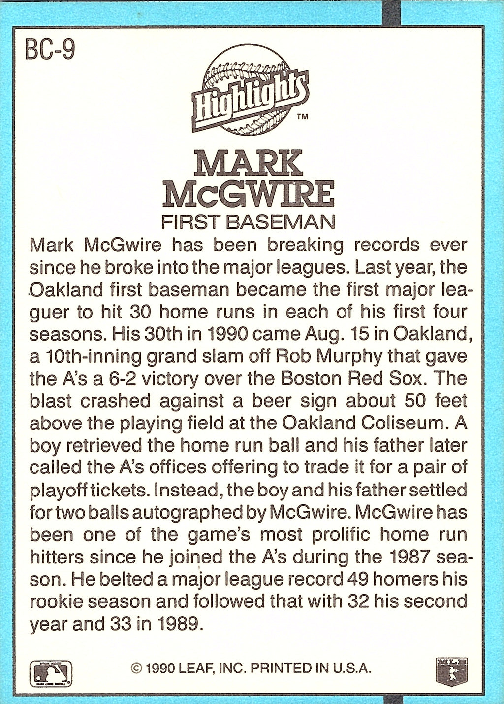 1991 Donruss Mark McGwire #BC-9 Bonus Cards Oakland Athletics Excellent