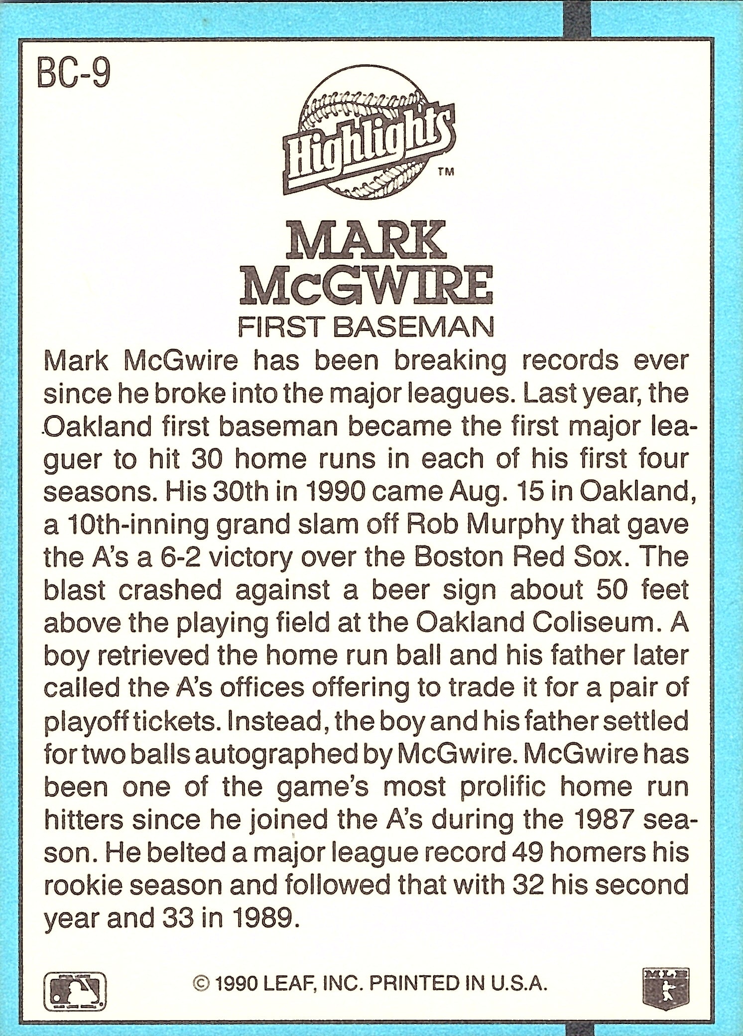 1991 Donruss Mark McGwire #BC-9 Bonus Cards Oakland Athletics Excellent