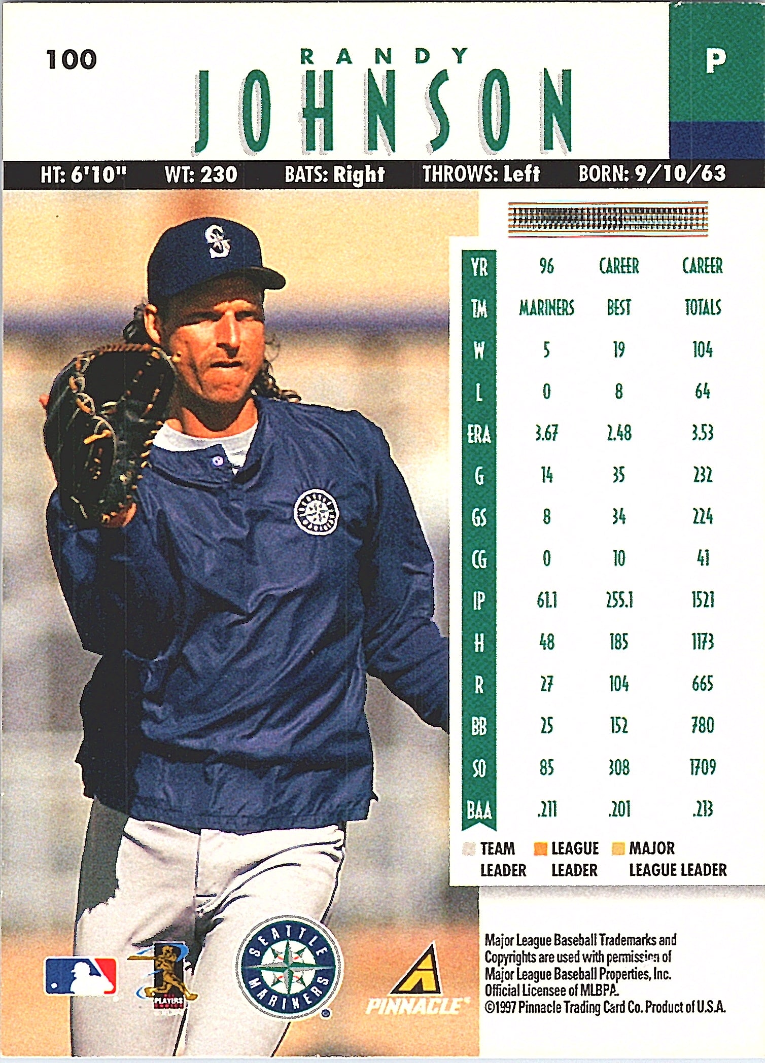 1997 New Pinnacle Randy Johnson #100 Seattle Mariners Excellent