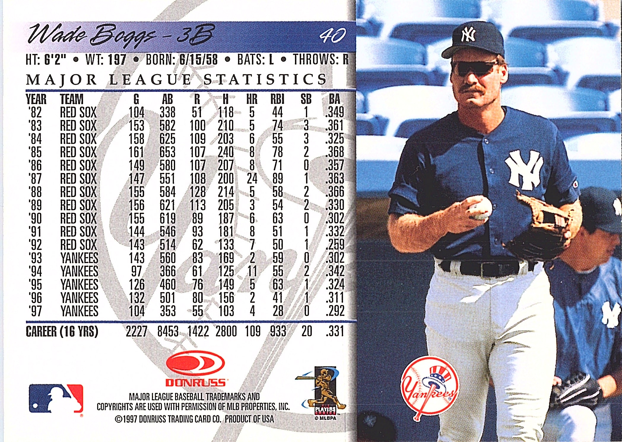 1998 Donruss Wade Boggs #40 New York Yankees Excellent
