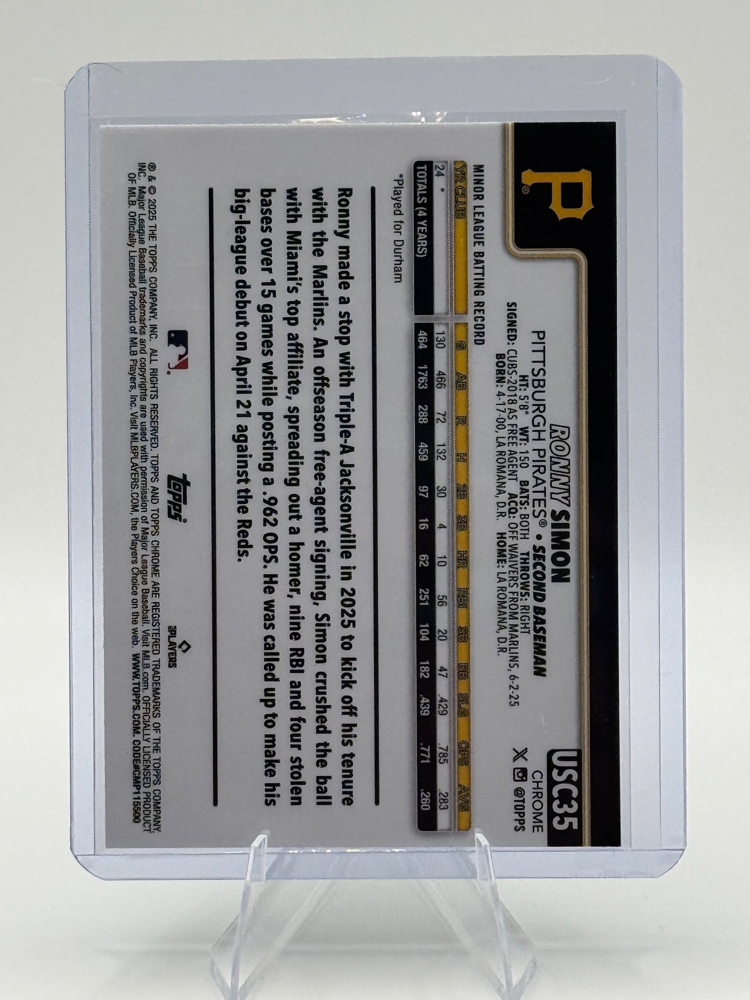 2025 Topps Chrome Update Ronny Simon #USC35 Pirates Rookie Near Mint