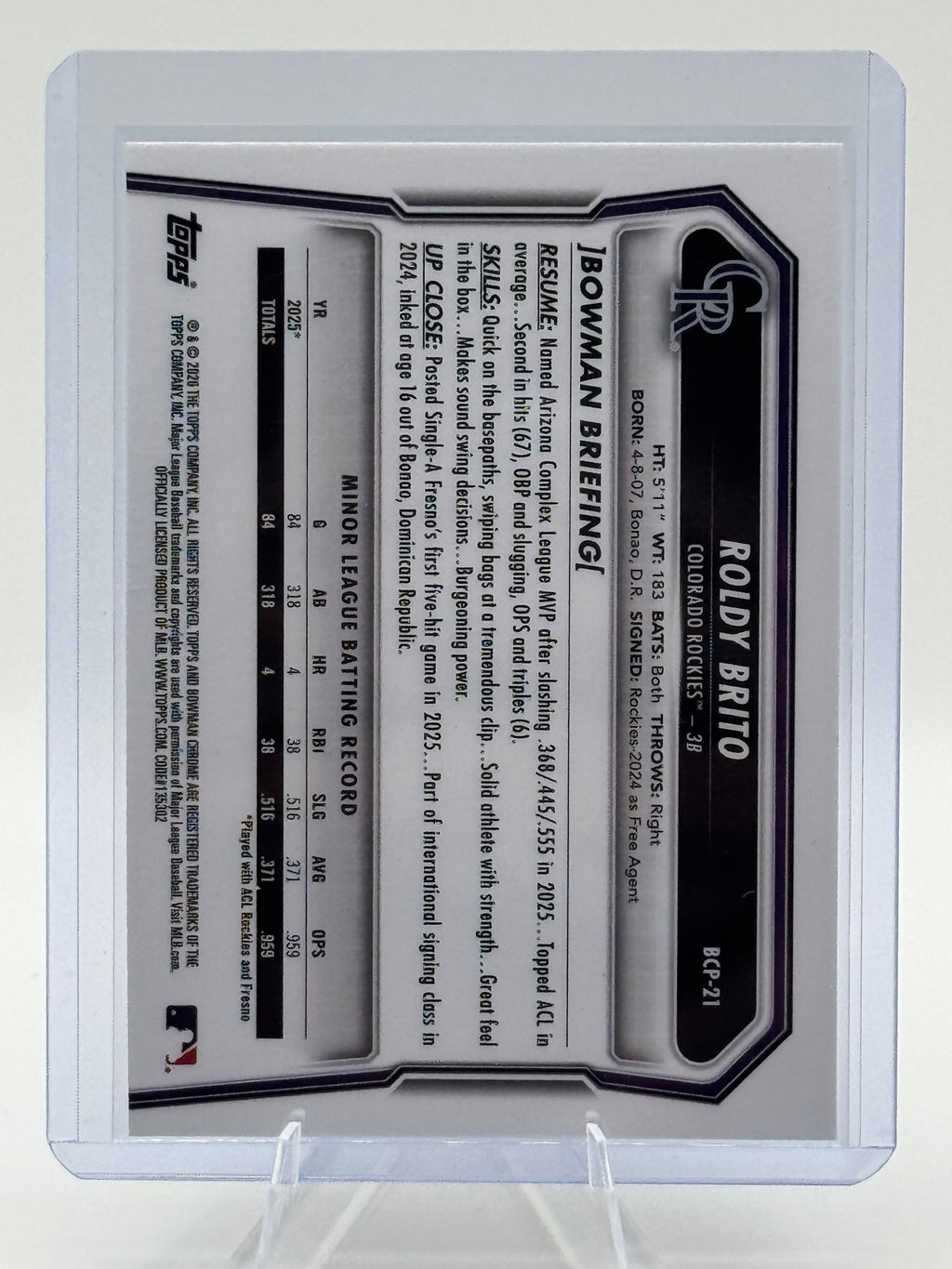 2026 Bowman Roldy Brito #BCP-21 Chrome Prospects Rockies Near Mint