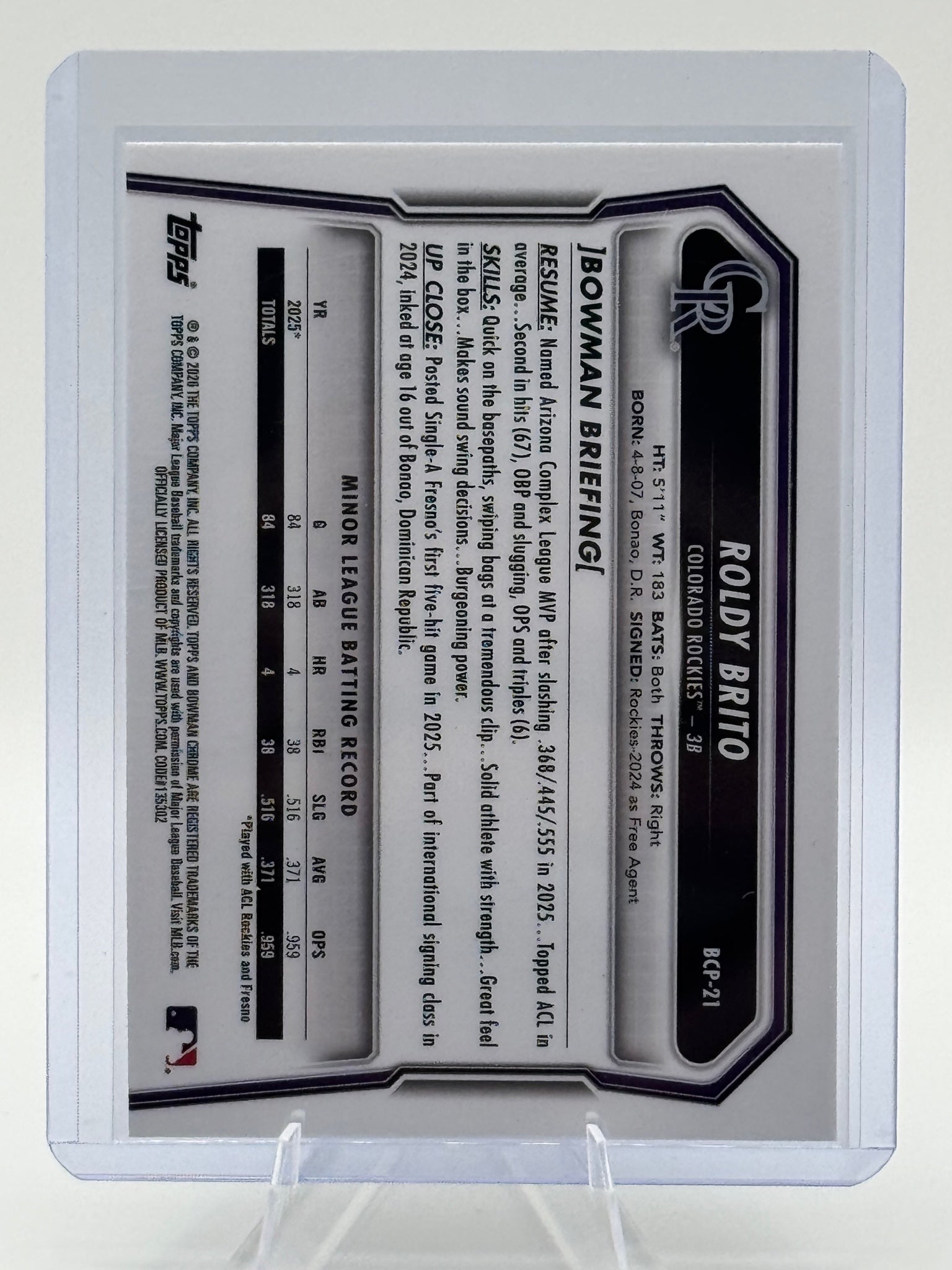 2026 Bowman Roldy Brito #BCP-21 Chrome Prospects Rockies Near Mint