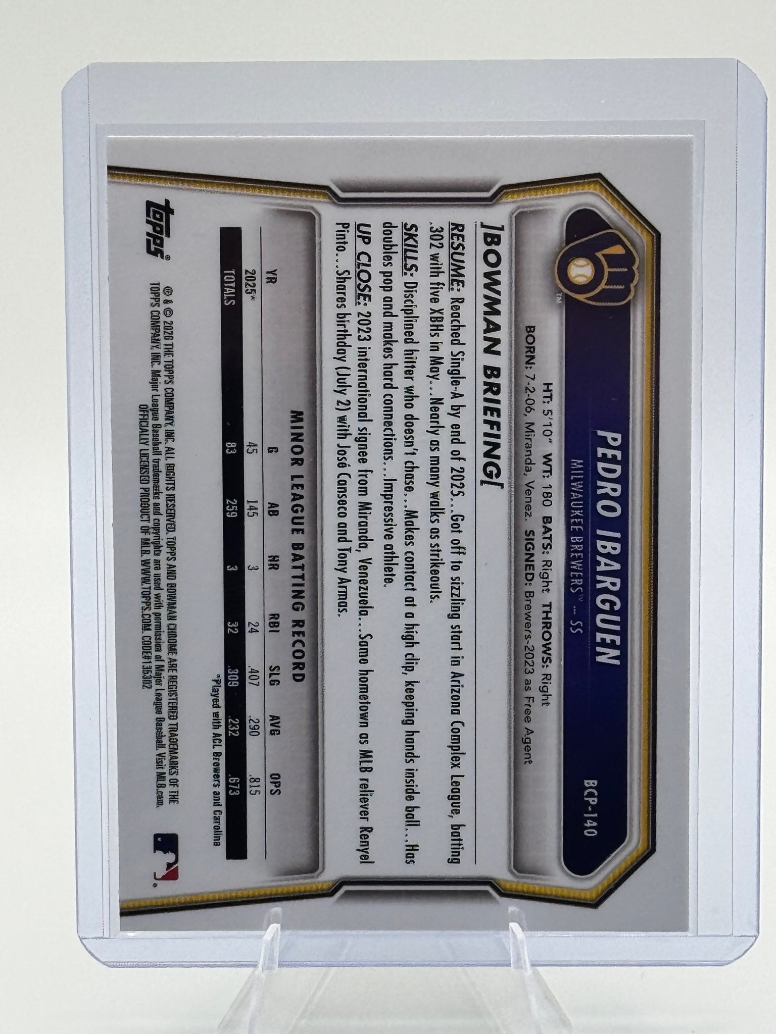 2026 Bowman Pedro Ibarguen #BCP-140 Chrome Prospects Milwaukee Brewers Near Mint