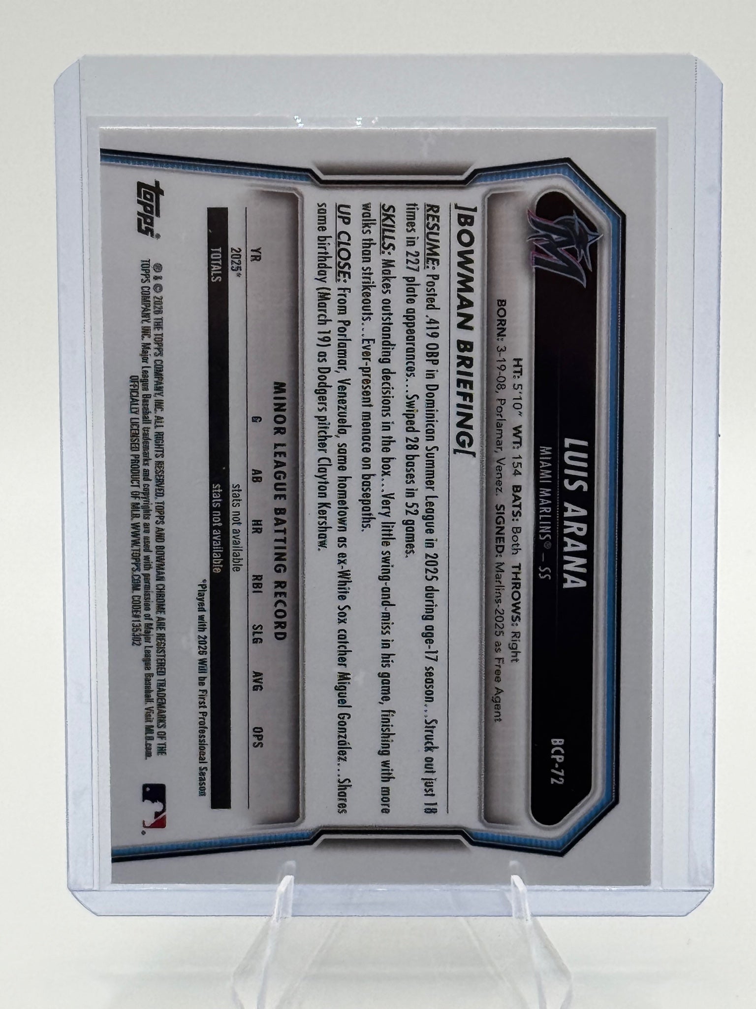 2026 Bowman Luis Arana #BCP-72 Chrome Prospects Miami Marlins Near Mint