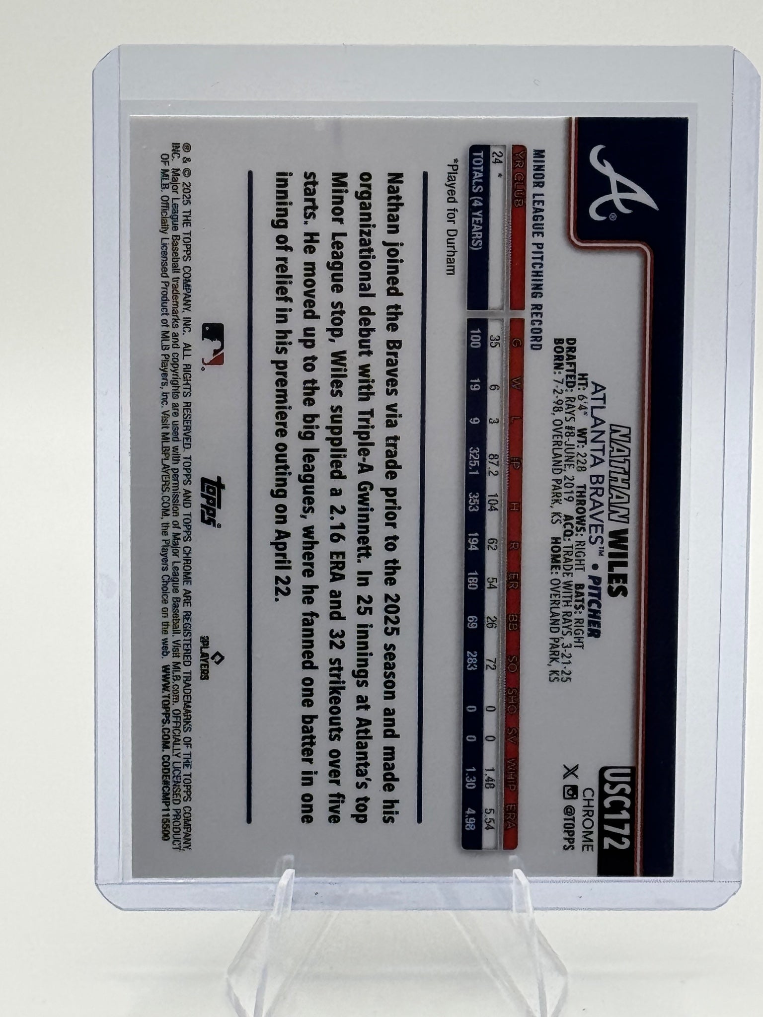 2025 Topps Chrome Update Nathan Wiles #USC172 Braves Rookie Near Mint