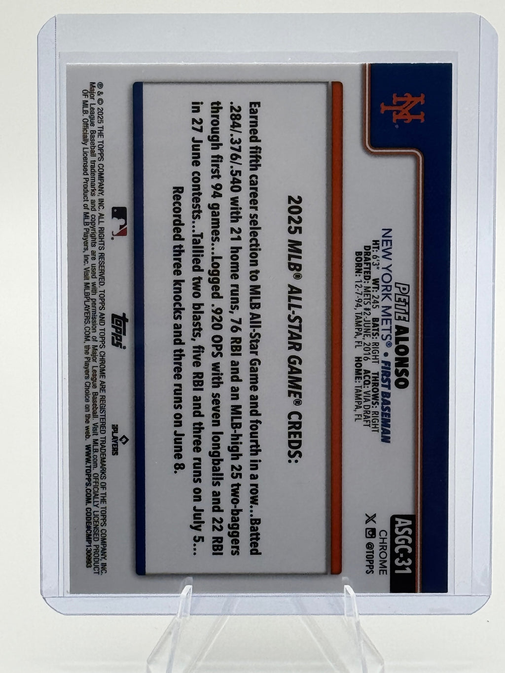 2025 Topps Chrome Update Pete Alonso #ASGC-31 2025 All-Star Game Mets Near Mint