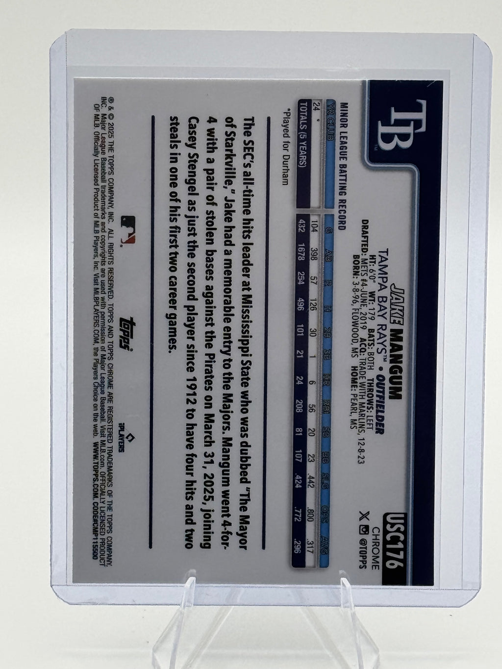 2025 Topps Chrome Update Jake Mangum #USC176 Tampa Bay Rays Rookie Near Mint