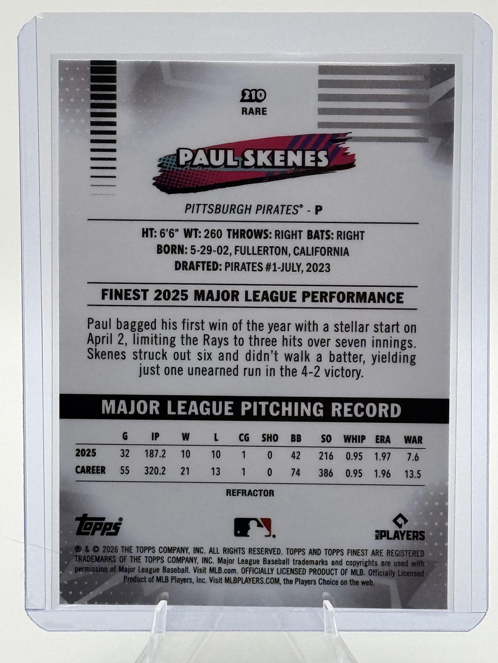 2026 Topps Finest Paul Skenes #210 Pittsburgh Pirates Near Mint or Better