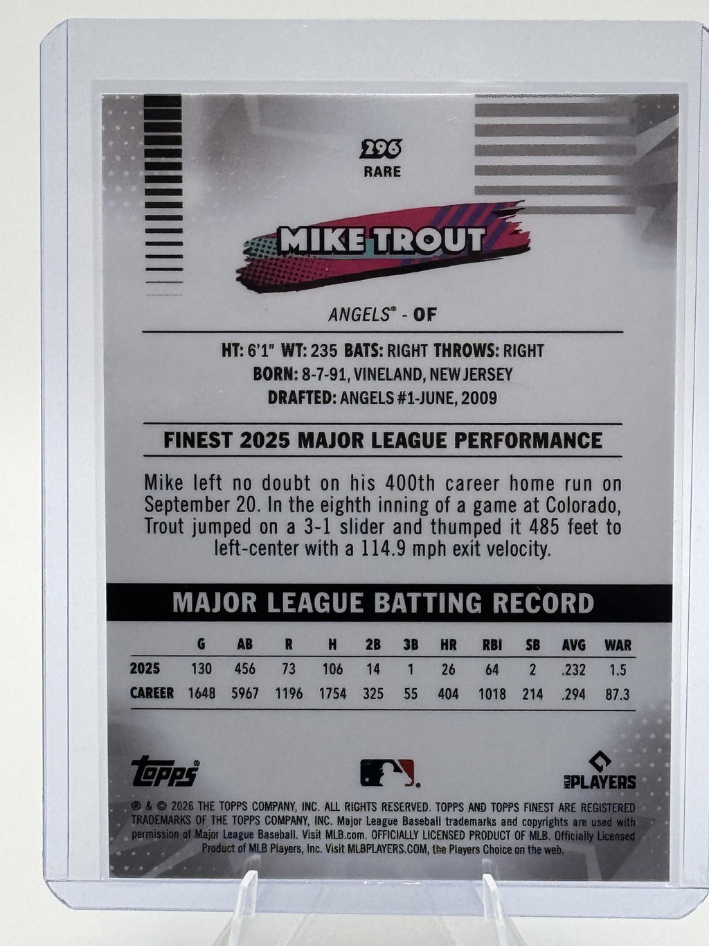 2026 Topps Finest Mike Trout #296 Los Angeles Angels Near Mint or Better