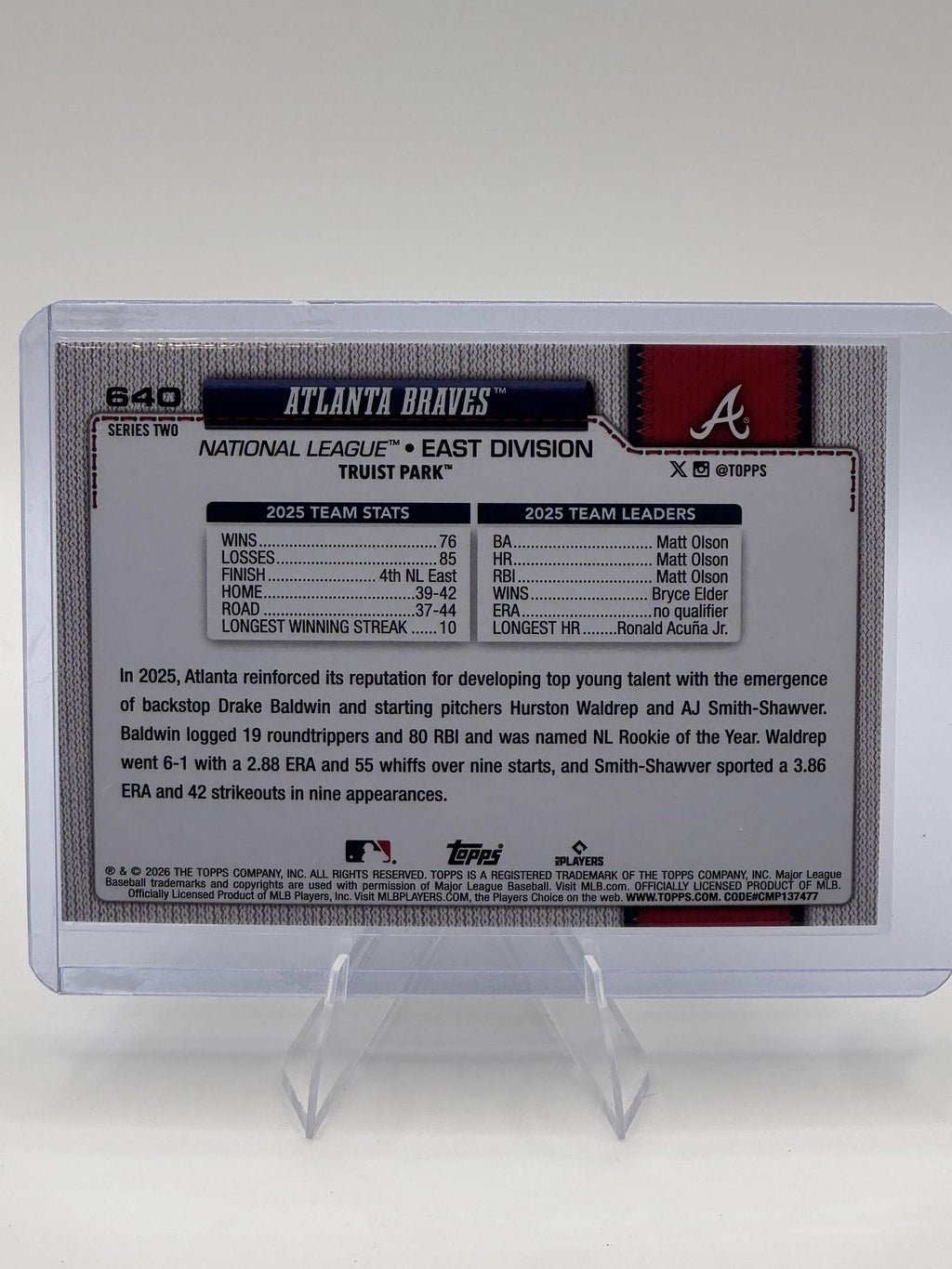 2026 Topps Atlanta Braves #640 Holo Foil Atlanta Braves Near Mint or Better