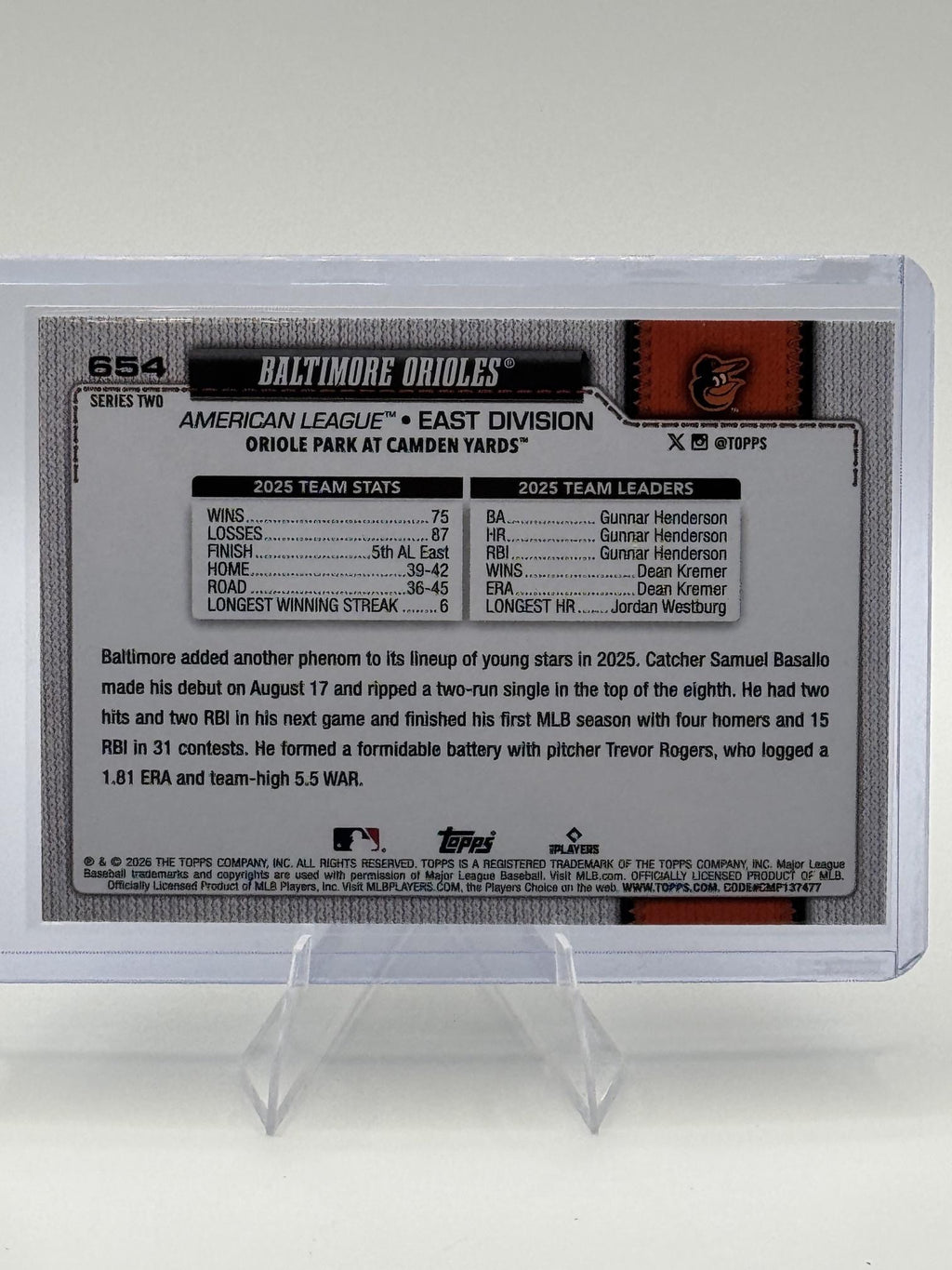 2026 Topps Baltimore Orioles #654 Silver Crackle Foil Orioles Near Mint