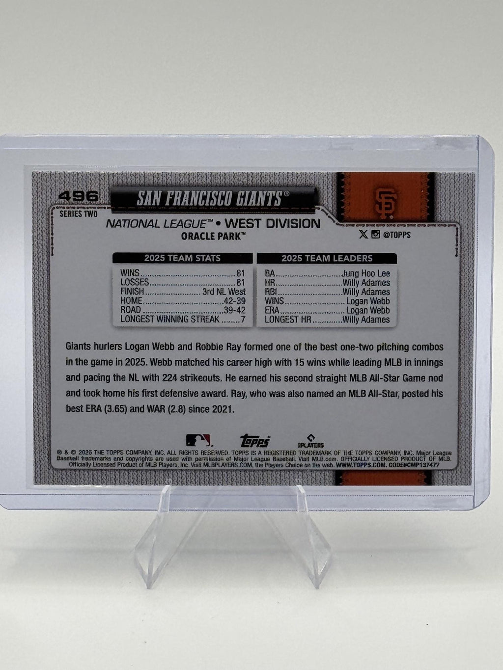 2026 Topps San Francisco Giants #496 Silver Crackle Foil Giants Near Mint